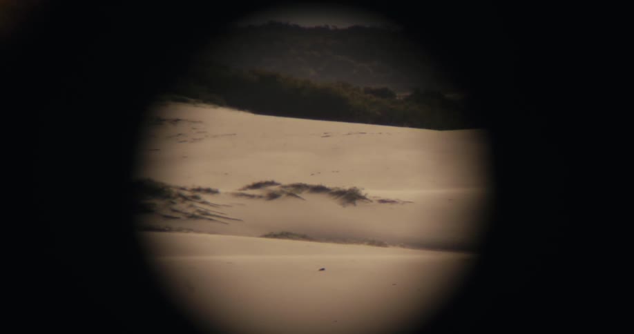 A point of view shot through binoculars slowly pans across a vast and empty sand dune landscape