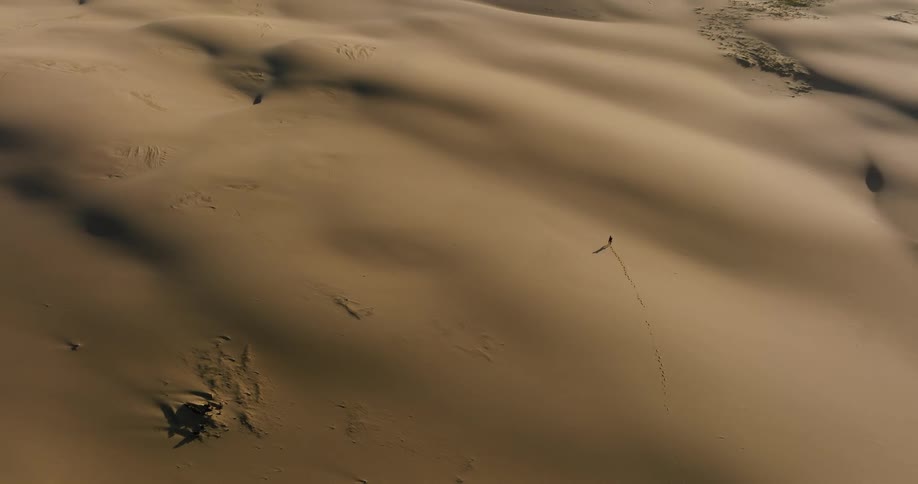 An aerial view shows a lone traveler walking across vast, rolling sand dunes, leaving footprints in the golden sand