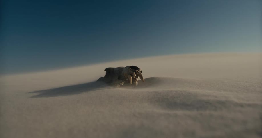 Wind blows sand across a desolate desert landscape, moving over an animal skull resting on a dune under a clear blue sky