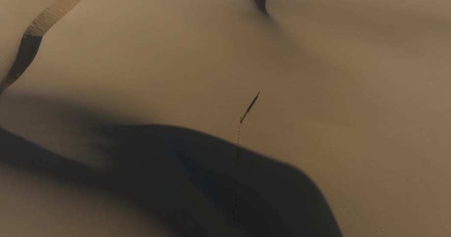 From high above, a tiny figure walks across the immense, shadowy sand dunes of a vast desert, leaving a single trail of footprints