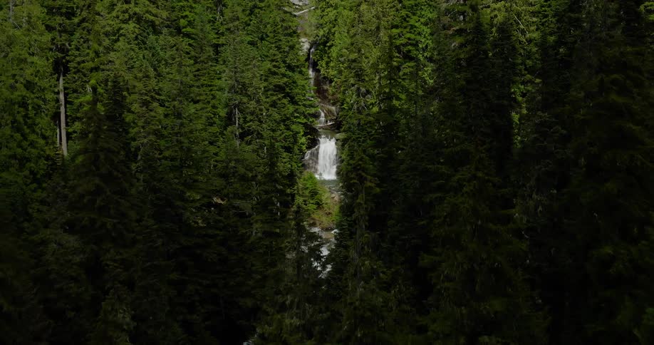 A cinematic aerial shot pulls back from a stunning waterfall cascading down a mountainside through a dense, lush green forest
