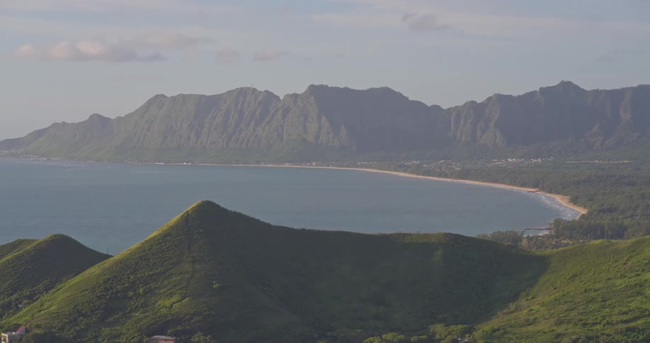 A scenic panoramic view of Waimanalo Beach and the Koolau Mountain Range on the island of Oahu, Hawaii