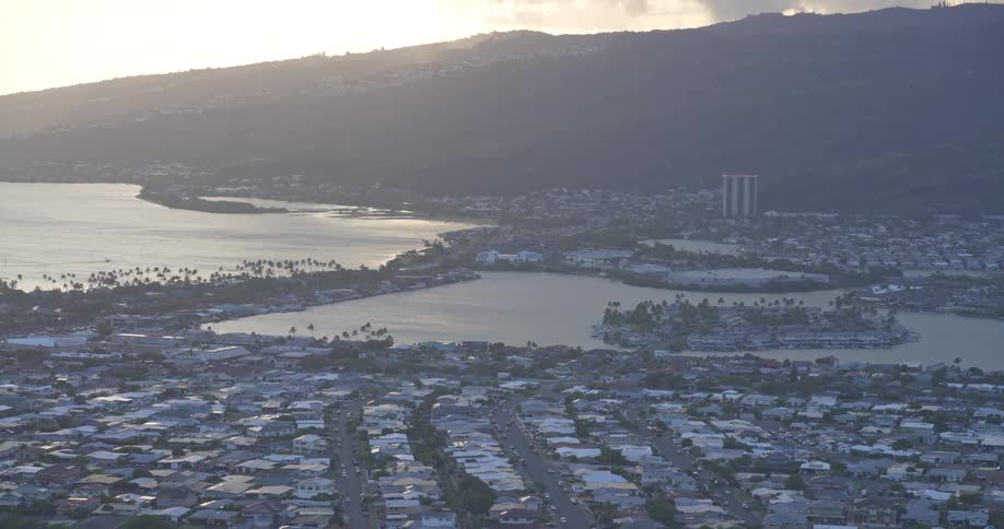 A beautiful hazy aerial view of Hawaii Kai on the island of Oahu during a warm sunset