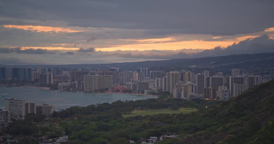 A wide, high-angle view of the Honolulu, Hawaii skyline and Waikiki beach under a dramatic, cloudy sky at sunset