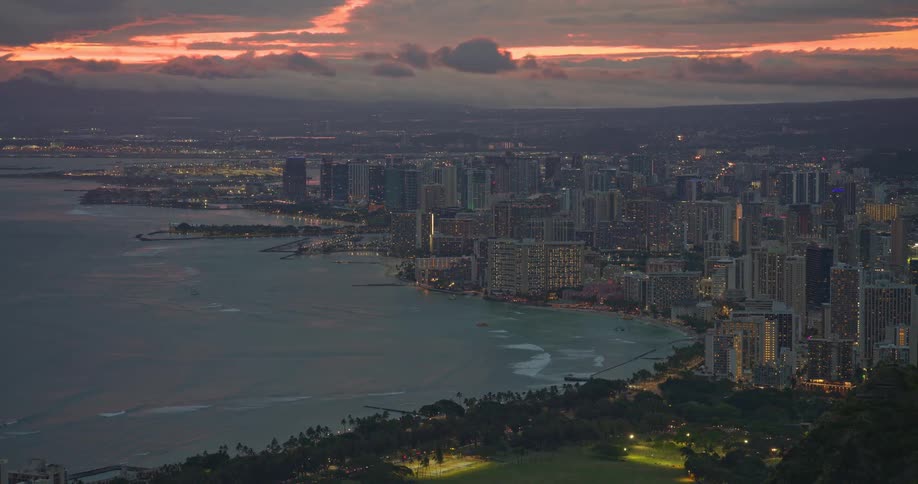 A stunning high-angle shot captures the Honolulu city lights illuminating the Waikiki coastline under a dramatic sunset sky
