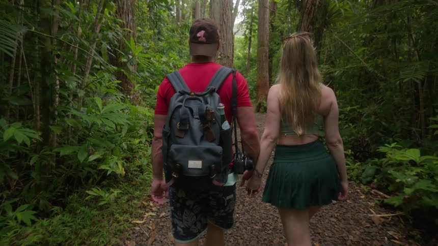 A young couple holds hands as they walk along a tranquil trail through a lush, tropical forest