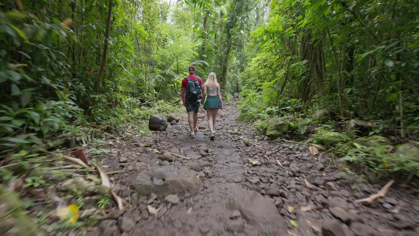 A young couple holds hands while hiking along a rocky trail through a dense, tropical rainforest