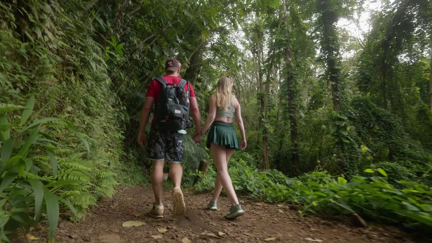 A young couple holds hands while walking together on a scenic trail through a dense, lush tropical rainforest