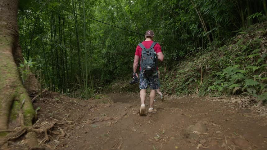 A couple hikes through a lush, green bamboo forest on a dirt path in slow motion