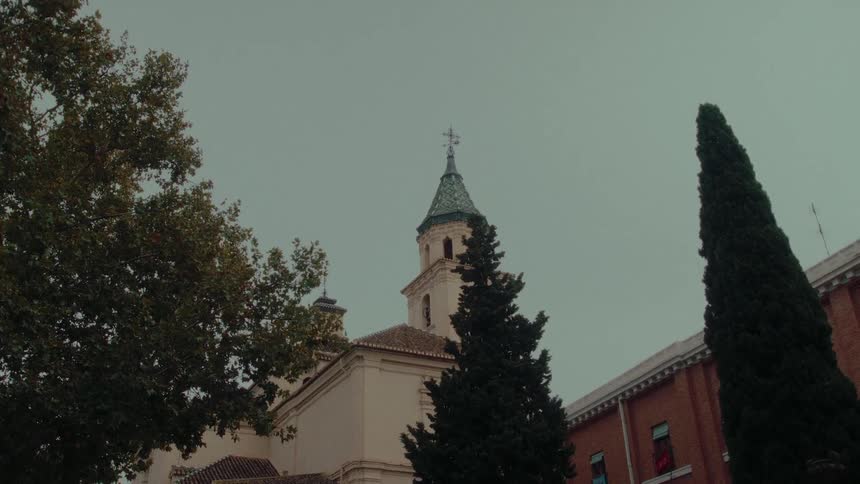 A historic European church tower with a green spire is seen from a low angle, framed by trees against a grey, overcast sky