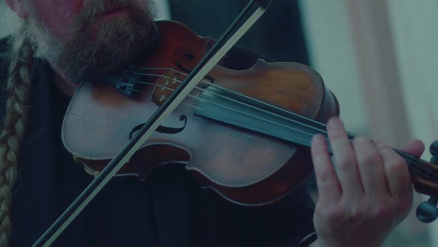 A close-up view of a musician with a long beard and braided hair playing the violin
