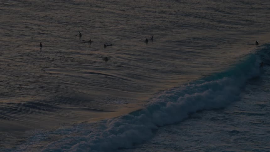 Silhouetted surfers wait in the ocean at dusk as a large wave breaks in slow motion