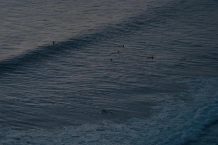 A tranquil high-angle view shows surfers patiently waiting for waves in the deep blue sea at twilight