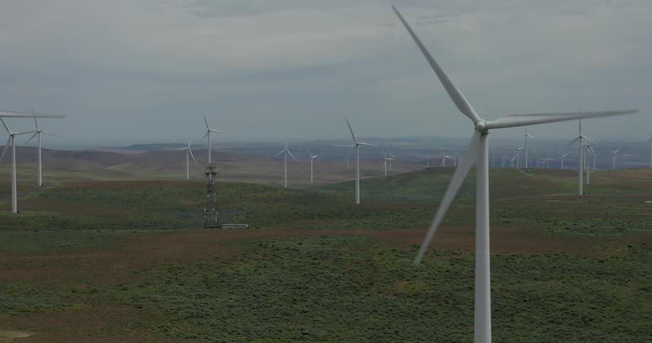 A vast wind farm with spinning turbines generates clean, renewable energy across rolling green hills on an overcast day
