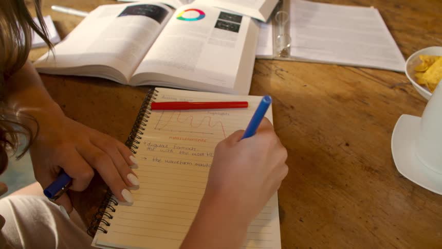 An over-the-shoulder view of a student diligently studying at a wooden table, taking detailed notes and drawing a graph in their notebook
