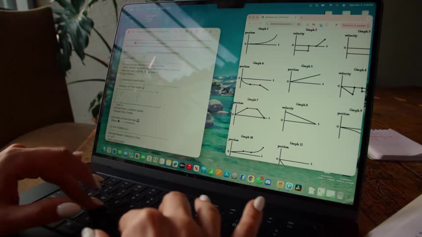 A female student works on her physics homework, studying motion graphs on a laptop at a wooden table