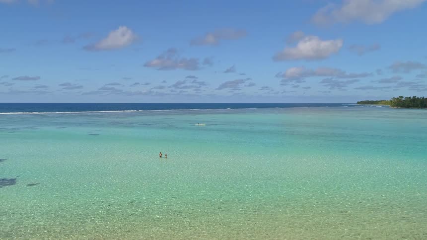 An aerial view pulls back from a palm tree to reveal two people enjoying the crystal clear turquoise water of a tropical lagoon