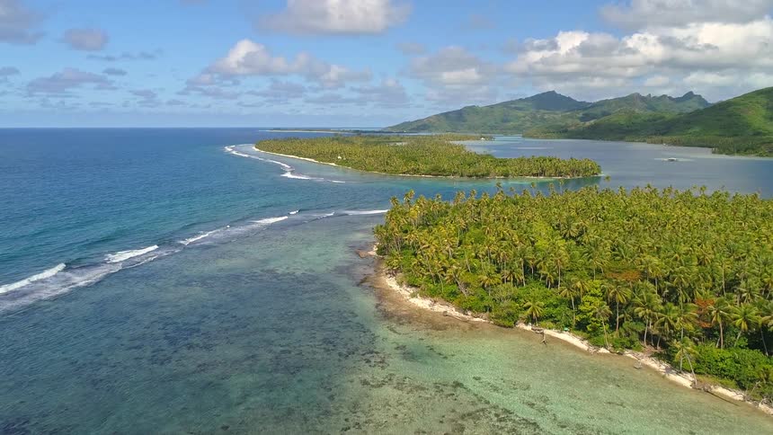 A breathtaking aerial flight over a secluded tropical island in French Polynesia, revealing a lush palm forest, a turquoise lagoon, and distant volcanic mountains