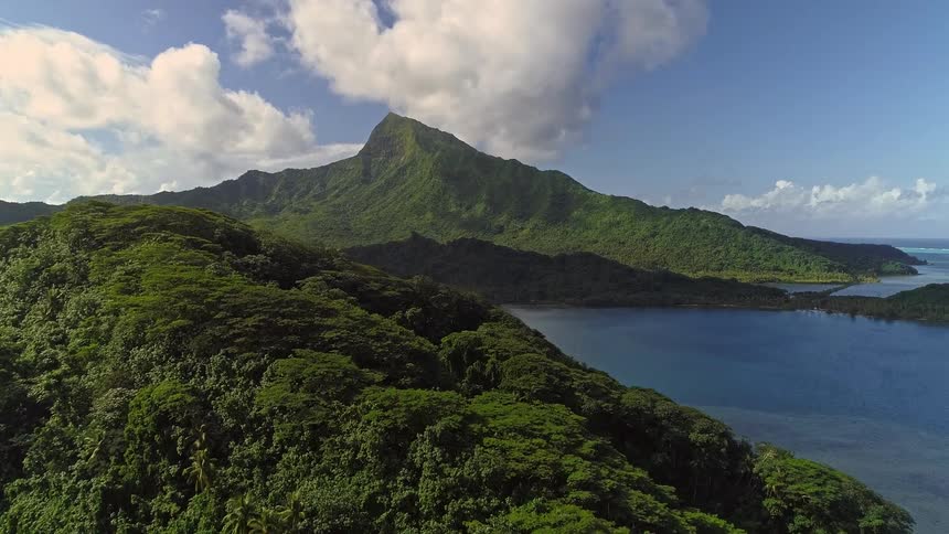 A breathtaking aerial shot flies over a dense tropical forest towards a stunning mountain and a calm blue ocean bay