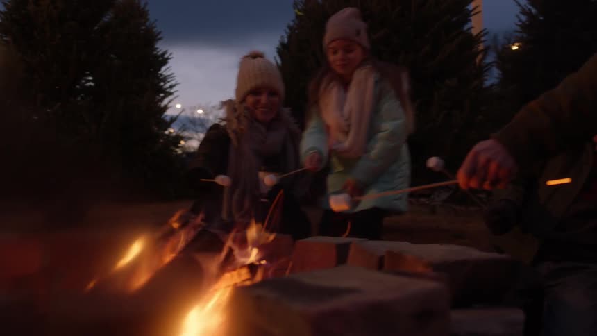 Family roasting marshmallows on sticks over campfire at night
