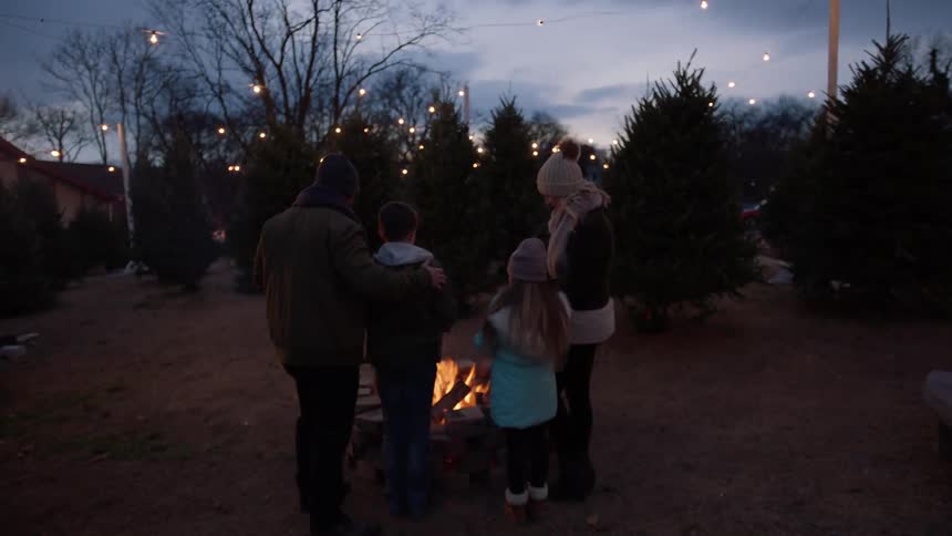 Family standing around fire at christmas pine tree farm at dusk