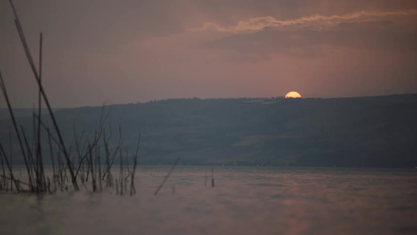 A tranquil sunset casts a warm glow over a calm lake, with reeds silhouetted against the hazy mountains in the distance