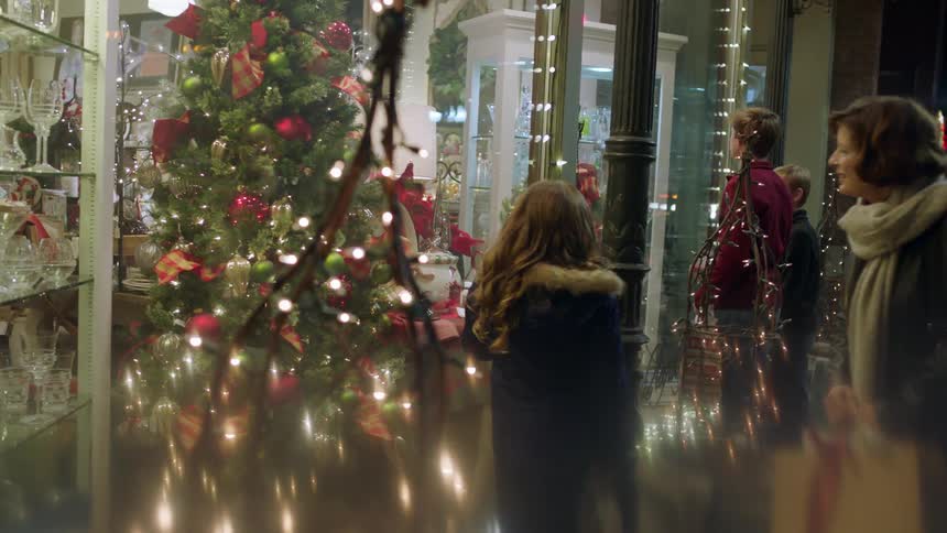 A family looks through the front window of a store at christmastime