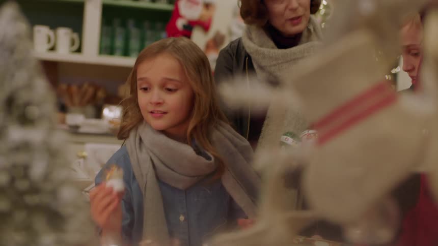 A family looks at christmas decorations in a store
