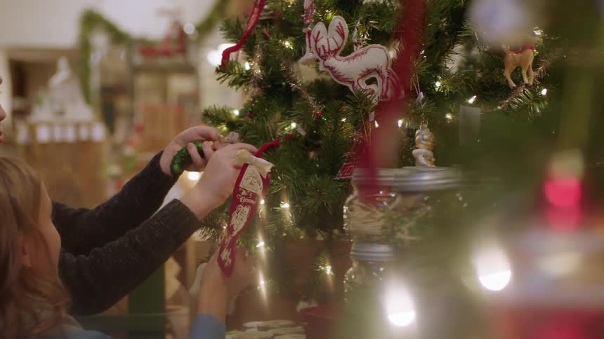 A family looks at ornaments on a christmas tree