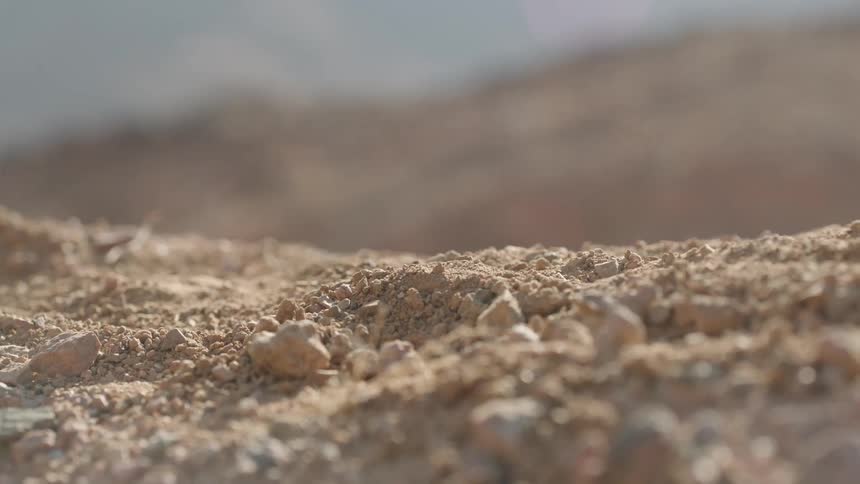A static close-up shot of dry, rocky ground basking in the sunlight