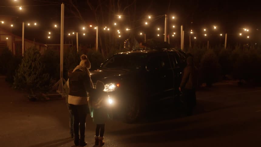 A family buys a christmas tree from a tree lot