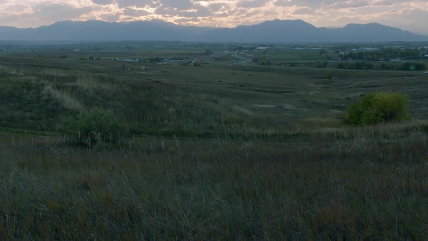 Cars travel on a road at the far end of a field