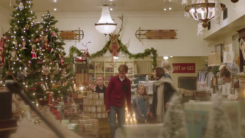 A family browses gifts and decorations in a store at christmastime