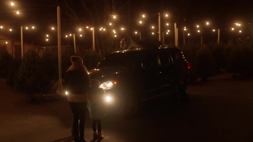 A family attaches a christmas tree to the roof of their car in a tree lot