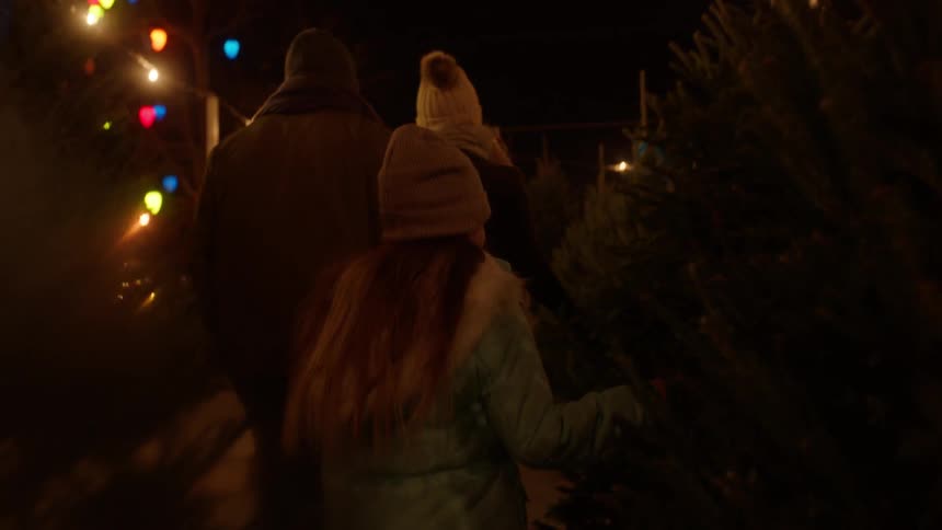 A family browses a christmas tree lot at night