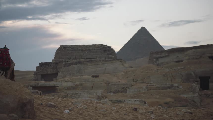 A traditionally saddled camel is led past ancient Egyptian ruins with the Great Pyramid of Giza in the background at dusk