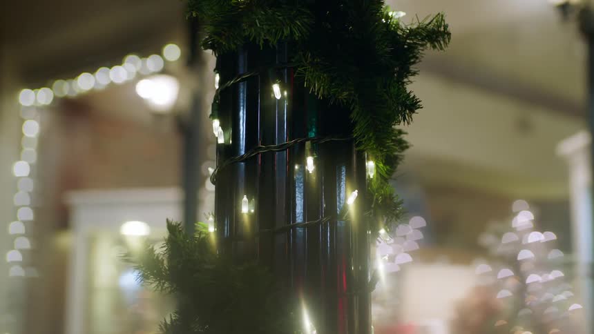 A city shop and a street lamp are decorated in garland and lights