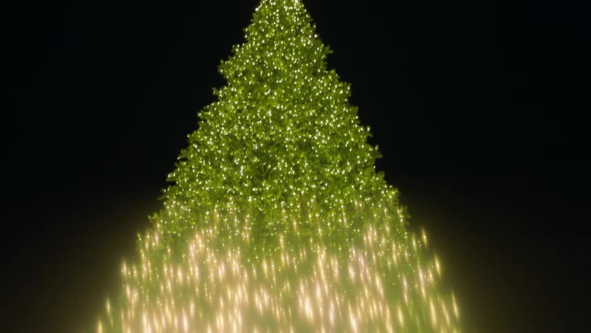 Lights on christmas tree turn from white to green outside at night
