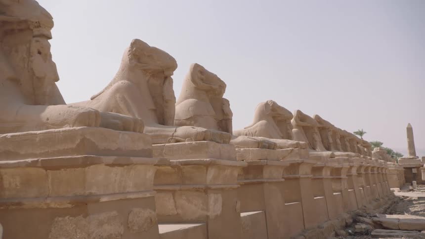 A slow tracking shot along the ancient Avenue of Sphinxes reveals the weathered ram-headed statues at Karnak Temple