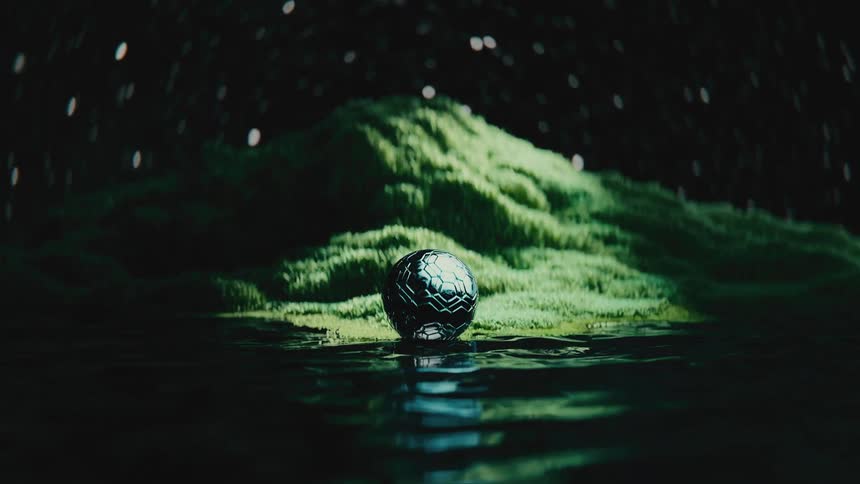 An abstract CGI animation shows a metallic soccer ball resting on a patch of green grass in dark, rippling water