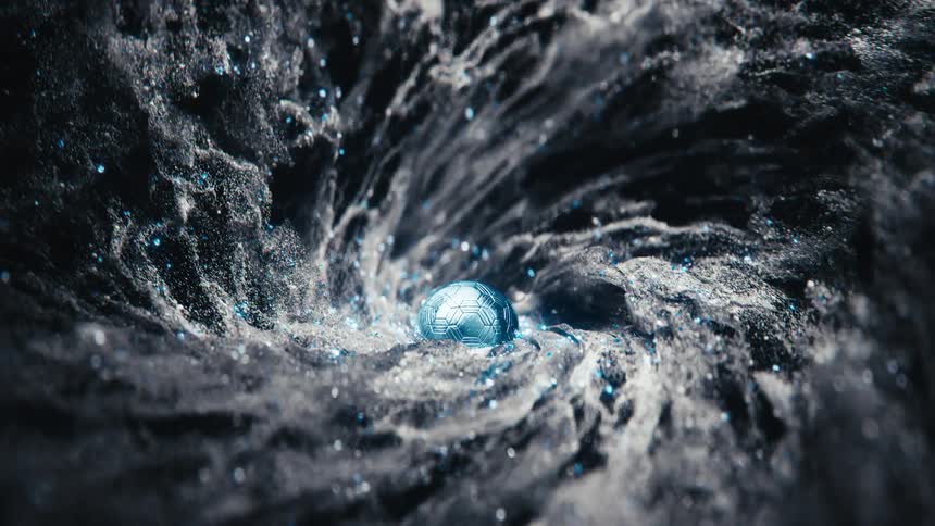A futuristic sci-fi soccer ball with glowing circuit patterns sits in the eye of a swirling cosmic vortex of white energy and blue particles