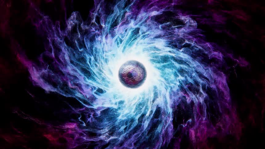A futuristic soccer ball floats at the center of a swirling cosmic nebula of blue and purple energy particles in a slow zoom out