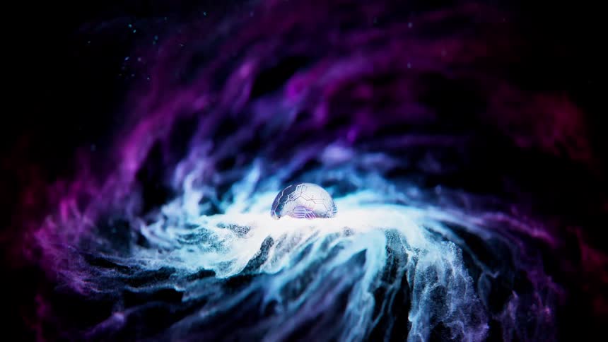 A futuristic ball generates a swirling nebula of vibrant blue and purple cosmic dust