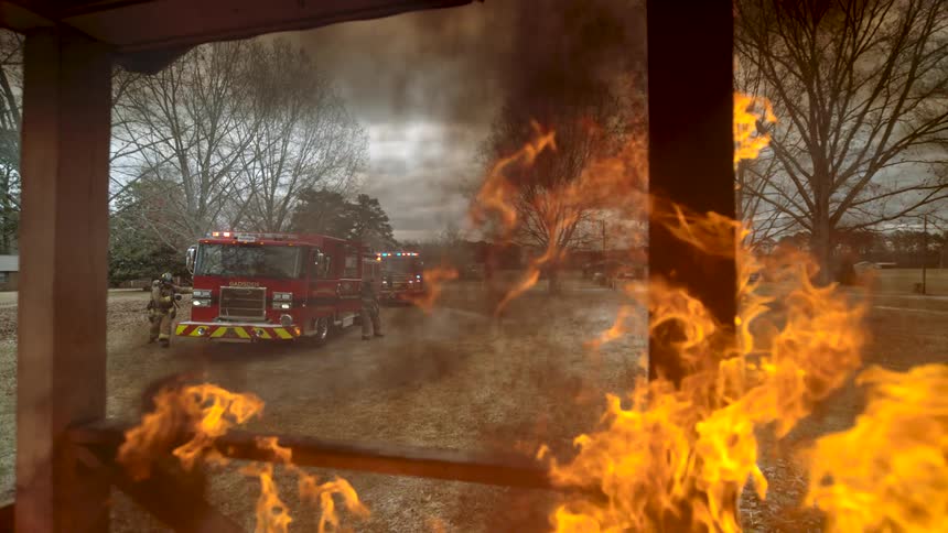 First-person view from a burning building as firefighters and fire trucks arrive on the scene to combat the blaze