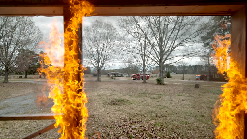 A POV shot from inside a burning structure shows flames engulfing the support posts as fire trucks arrive on the scene in the background
