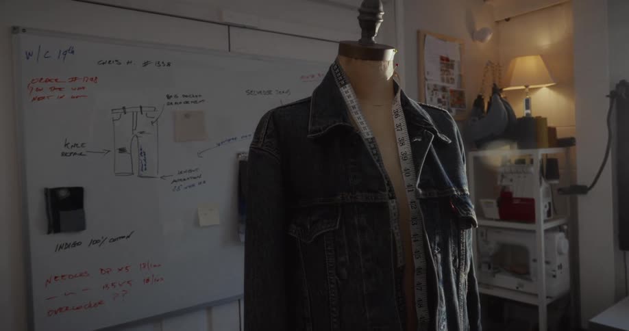 A denim jacket on a mannequin stands in a sun-drenched fashion design studio next to a whiteboard filled with sketches and notes