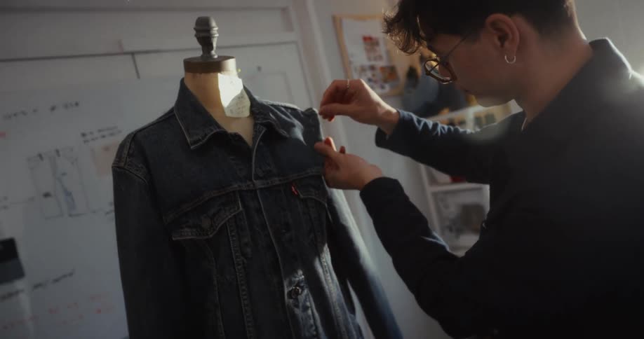 A fashion designer meticulously pins a denim jacket on a mannequin in a sunlit design studio