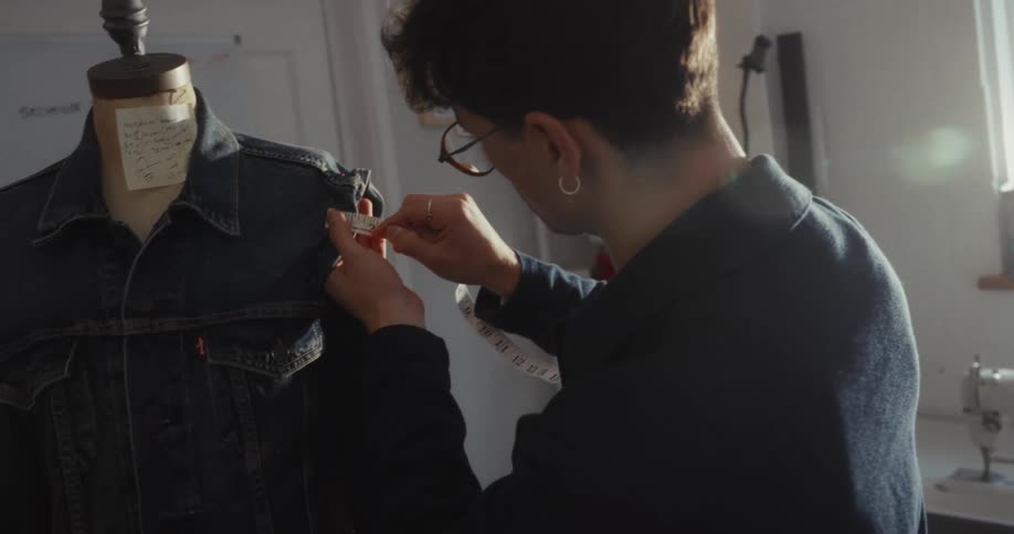 A fashion designer carefully measures the shoulder of a denim jacket on a mannequin in a sunlit workshop