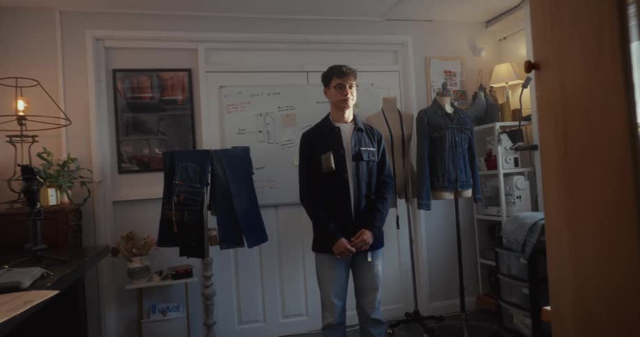 Young male fashion designer proudly looks at his reflection in the mirror, standing in his sunlit creative workshop
