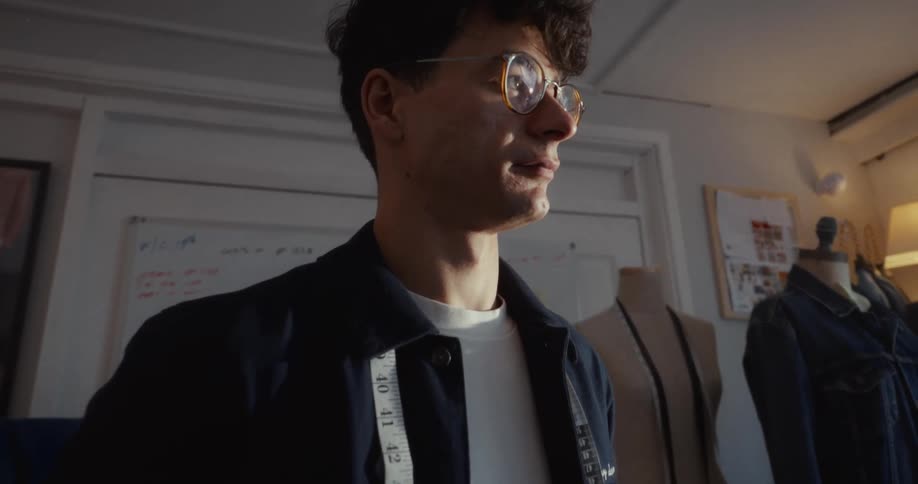 A pensive young male fashion designer with a measuring tape stands thoughtfully in his creative studio